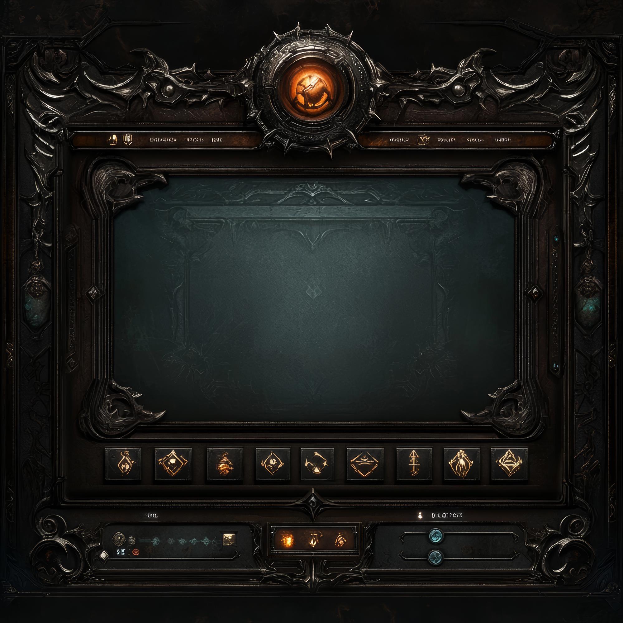 Dark luxe game environment with subtle UI frames